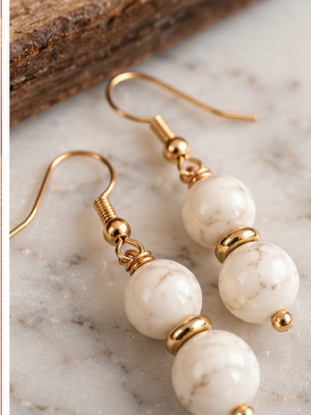 dylan Gold and White Marble-Effect Bead Drop Earrings - Picture 4 of 6